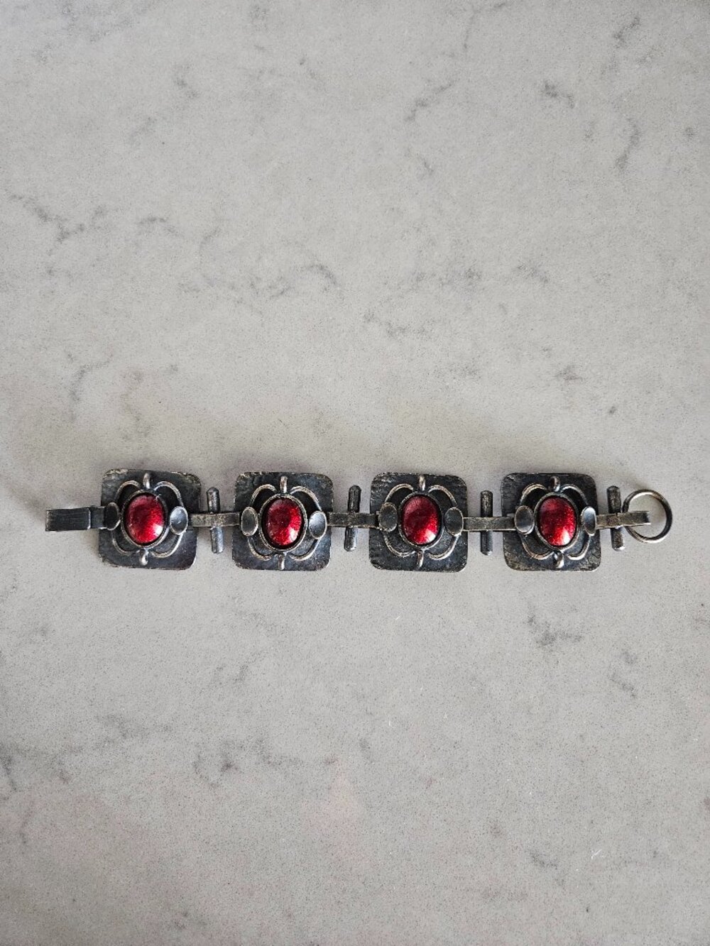 RARE AND UNIQUE VINTAGE SQUARE PANEL PEWTER BRACELET WITH BURNT ORANGE CABOCHONS
